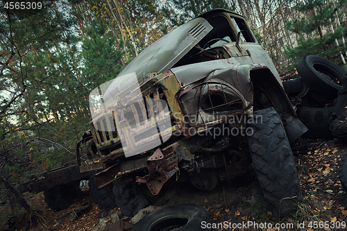 Image of Abandoned truck left outside at Chernobyl Fire station