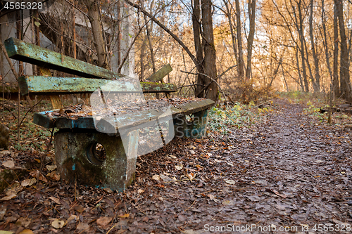 Image of Old destroyed bench next to path