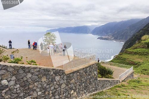 Image of Ribeira da Janela, Madeira, Portugal - March 2019: Tourists on t
