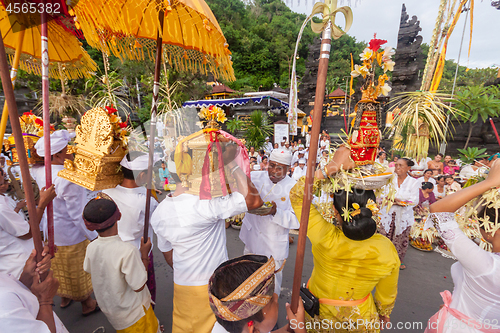 Image of Bali, Indonesia - Feb 2, 2012 - Hari Raya Galungan and Umanis Galungan holiday fesival parade - the days to celebrate the victory of Goodness over evil, on February 2nd 2012 on Bali, Indonesia