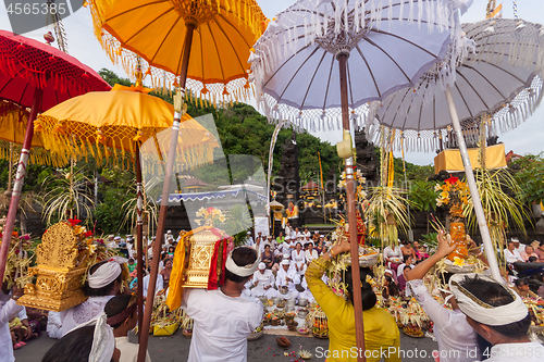 Image of Bali, Indonesia - Feb 2, 2012 - Hari Raya Galungan and Umanis Galungan holiday fesival parade - the days to celebrate the victory of Goodness over evil, on February 2nd 2012 on Bali, Indonesia