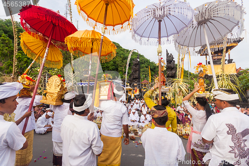 Image of Bali, Indonesia - Feb 2, 2012 - Hari Raya Galungan and Umanis Galungan holiday fesival parade - the days to celebrate the victory of Goodness over evil, on February 2nd 2012 on Bali, Indonesia