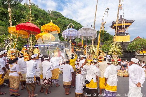 Image of Bali, Indonesia - Feb 2, 2012 - Hari Raya Galungan and Umanis Galungan holiday fesival parade - the days to celebrate the victory of Goodness over evil, on February 2nd 2012 on Bali, Indonesia