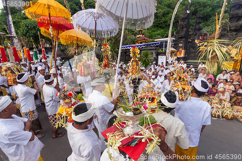 Image of Bali, Indonesia - Feb 2, 2012 - Hari Raya Galungan and Umanis Galungan holiday fesival parade - the days to celebrate the victory of Goodness over evil, on February 2nd 2012 on Bali, Indonesia