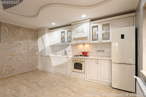 Image of Luxury modern white and beige kitchen interior