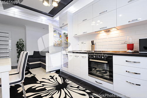 Image of Luxury modern black and white kitchen interior