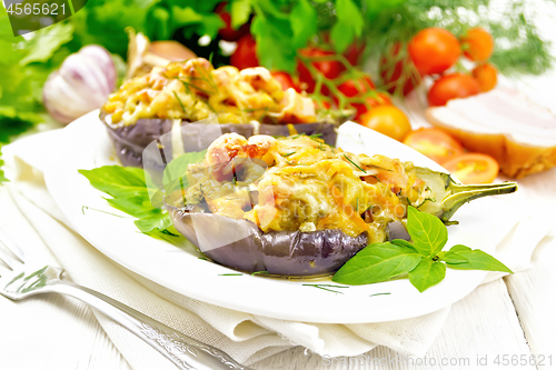 Image of Eggplant stuffed smoked brisket in plate on table