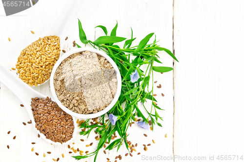 Image of Flour linen in bowl with seeds on board top