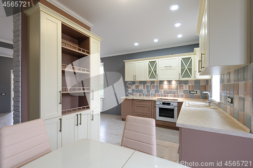 Image of Luxury modern provence styled grey, pink and cream kitchen interior