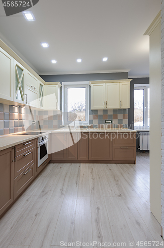 Image of Luxury modern provence styled grey, pink and cream kitchen interior