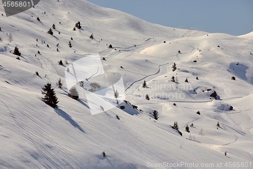Image of Skiing slopes, snowy Alpine landscape