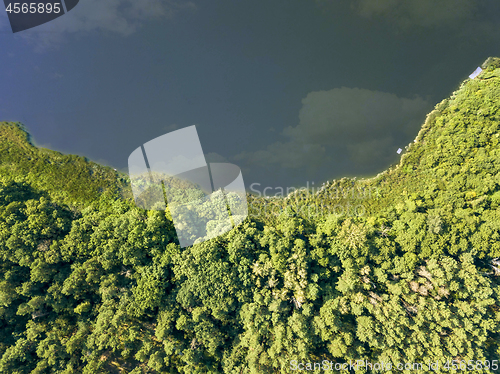 Image of River with reflection of clouds and deciduous forest on a summer day. Aerial view from the drone