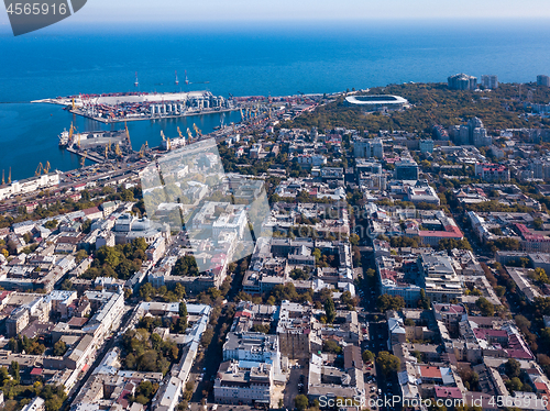 Image of Beautiful panoramic view of the sea and part of the city of Odessa on a summer day. Aerial view from the drone