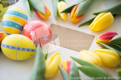 Image of close up of colored easter eggs and tulip flowers