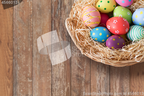 Image of close up of colored easter eggs in basket