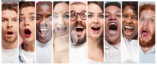 Image of The collage of young women and men smiling face expressions