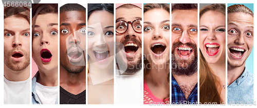 Image of The collage of young women and men smiling face expressions