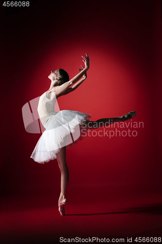 Image of Ballerina. Young graceful female ballet dancer dancing at red studioskill. Beauty of classic ballet.