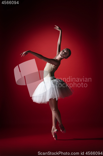 Image of Ballerina. Young graceful female ballet dancer dancing at red studioskill. Beauty of classic ballet.