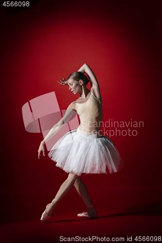 Image of Ballerina. Young graceful female ballet dancer dancing at red studioskill. Beauty of classic ballet.