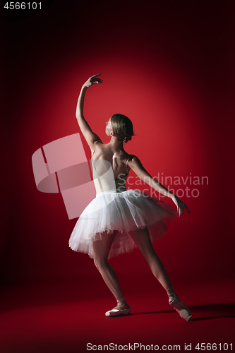 Image of Ballerina. Young graceful female ballet dancer dancing at red studioskill. Beauty of classic ballet.