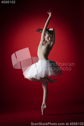 Image of Ballerina. Young graceful female ballet dancer dancing at red studioskill. Beauty of classic ballet.