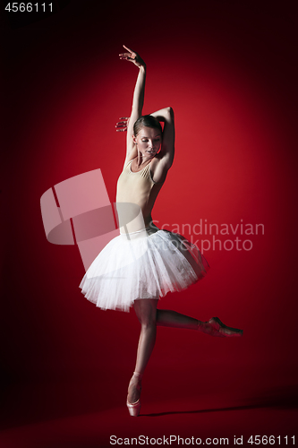 Image of Ballerina. Young graceful female ballet dancer dancing at red studioskill. Beauty of classic ballet.