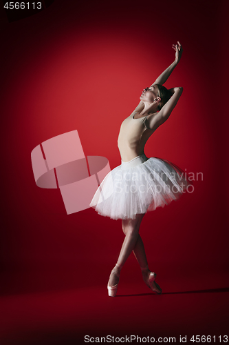 Image of Ballerina. Young graceful female ballet dancer dancing at red studioskill. Beauty of classic ballet.