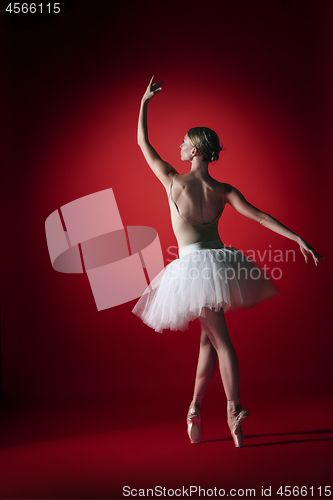 Image of Ballerina. Young graceful female ballet dancer dancing at red studioskill. Beauty of classic ballet.