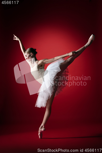 Image of Ballerina. Young graceful female ballet dancer dancing at red studioskill. Beauty of classic ballet.