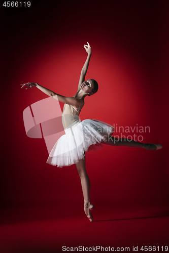 Image of Ballerina. Young graceful female ballet dancer dancing at red studioskill. Beauty of classic ballet.