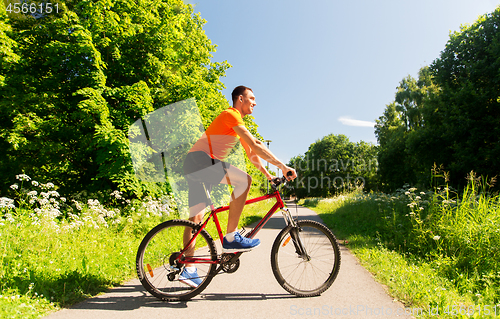 Image of happy young man cycling by bicycle in summer park