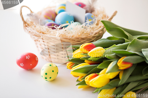 Image of close up of colored easter eggs and tulip flowers