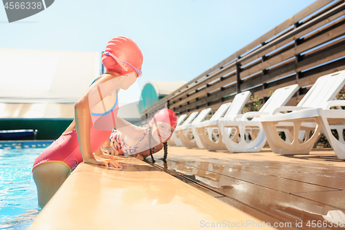 Image of The portrait of happy smiling beautiful teen girls at the pool