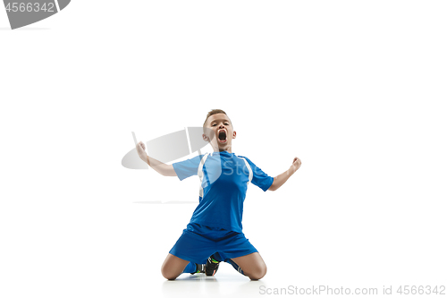 Image of Young boy with soccer ball doing flying kick