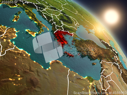 Image of Greece from space during sunrise