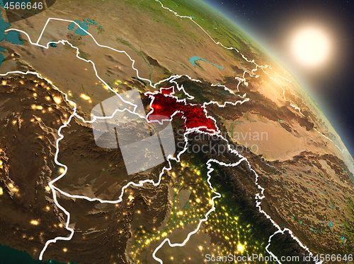 Image of Tajikistan from space during sunrise