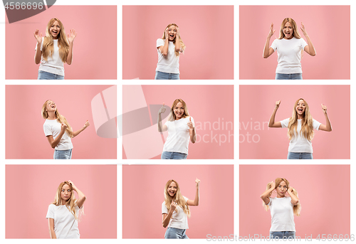 Image of Set of young woman\'s portraits with different happy emotions