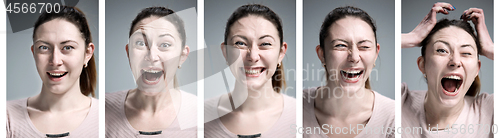 Image of Set of young woman\'s portraits with different happy emotions