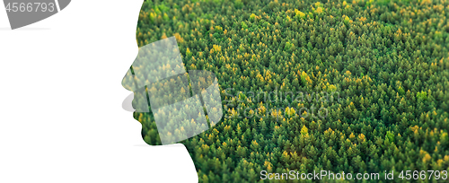 Image of woman profile of green forest on white background