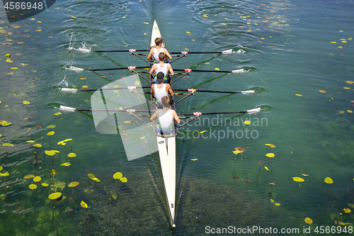 Image of Men's quadruple rowing team on turquoise green lake
