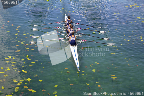 Image of Men's quadruple rowing team on turquoise green lake