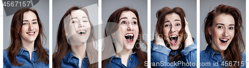 Image of Set of young woman\'s portraits with different happy emotions