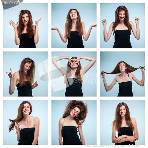 Image of Set of young woman\'s portraits with different happy emotions