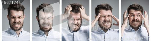 Image of Set of young man\'s portraits with different sad and angry emotions