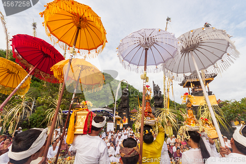 Image of Bali, Indonesia - Feb 2, 2012 - Hari Raya Galungan and Umanis Galungan holiday fesival parade - the days to celebrate the victory of Goodness over evil, on February 2nd 2012 on Bali, Indonesia