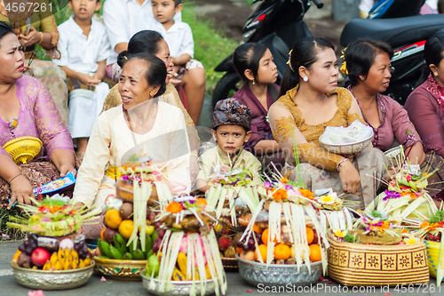 Image of Bali, Indonesia - Feb 2, 2012 - Hari Raya Galungan and Umanis Galungan holiday fesival parade - the days to celebrate the victory of Goodness over evil, on February 2nd 2012 on Bali, Indonesia