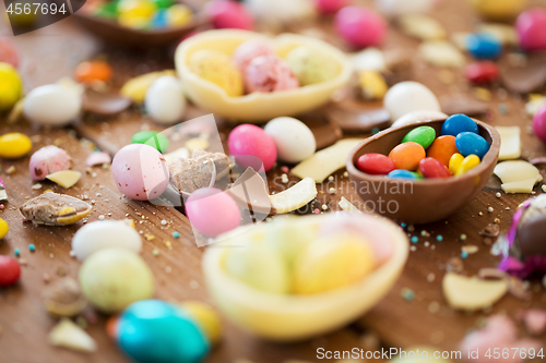 Image of chocolate easter eggs and candy drops on table