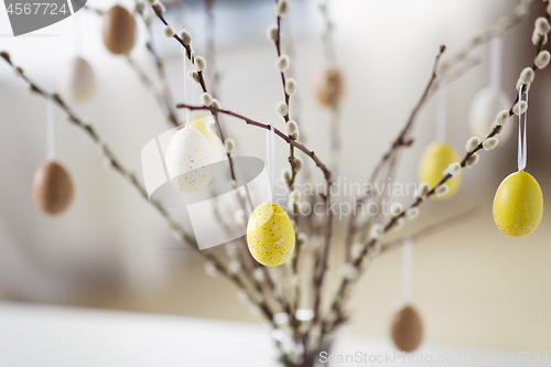 Image of close up of pussy willow decorated by easter eggs