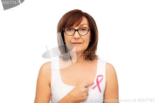 Image of old woman with pink breast cancer awareness ribbon